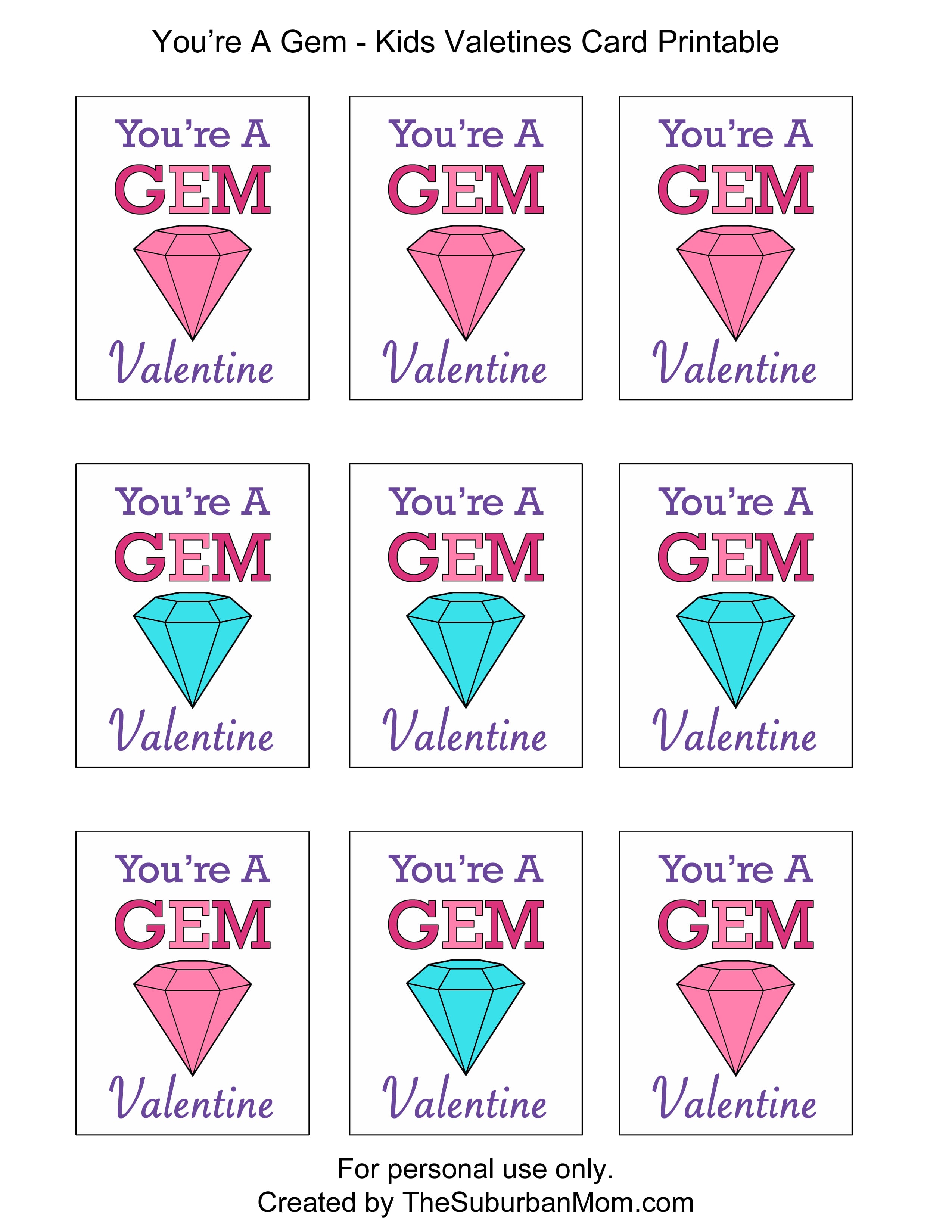 kids valentines cards: you're a gem (free printable)